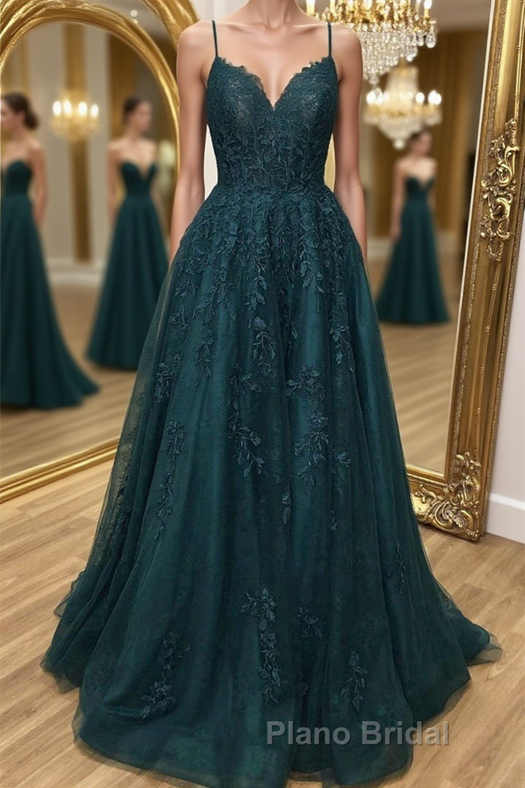A Line Dark Green Tulle Lace Long Formal Prom Dress, Dark Green Lace Formal Graduation Evening Dress Main image