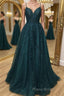 A Line Dark Green Tulle Lace Long Formal Prom Dress, Dark Green Lace Formal Graduation Evening Dress