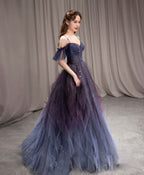 A-Line Dark Purple Tulle Long Formal Prom Dresses, Purple Formal Party Dresses