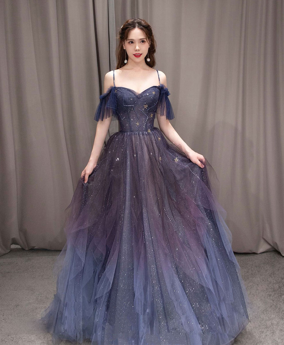 A-Line Dark Purple Tulle Long Formal Prom Dresses, Purple Formal Party Dresses