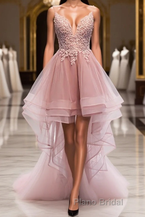 A-line Deep V Neck Beaded Appliques Multi-Layers Hi-Low Formal Dress
