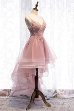 A-line Deep V Neck Beaded Appliques Multi-Layers Hi-Low Formal Dress