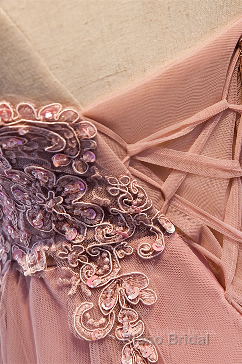 A-line Deep V Neck Beaded Appliques Multi-Layers Hi-Low Formal Dress