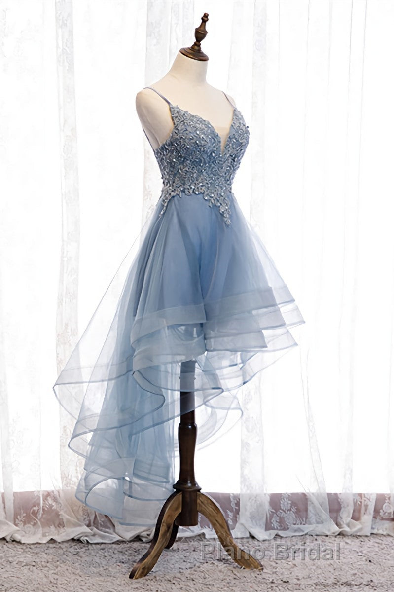 A-line Deep V Neck Beaded Appliques Multi-Layers Hi-Low Formal Dress