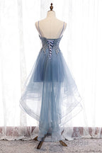 A-line Deep V Neck Beaded Appliques Multi-Layers Hi-Low Formal Dress