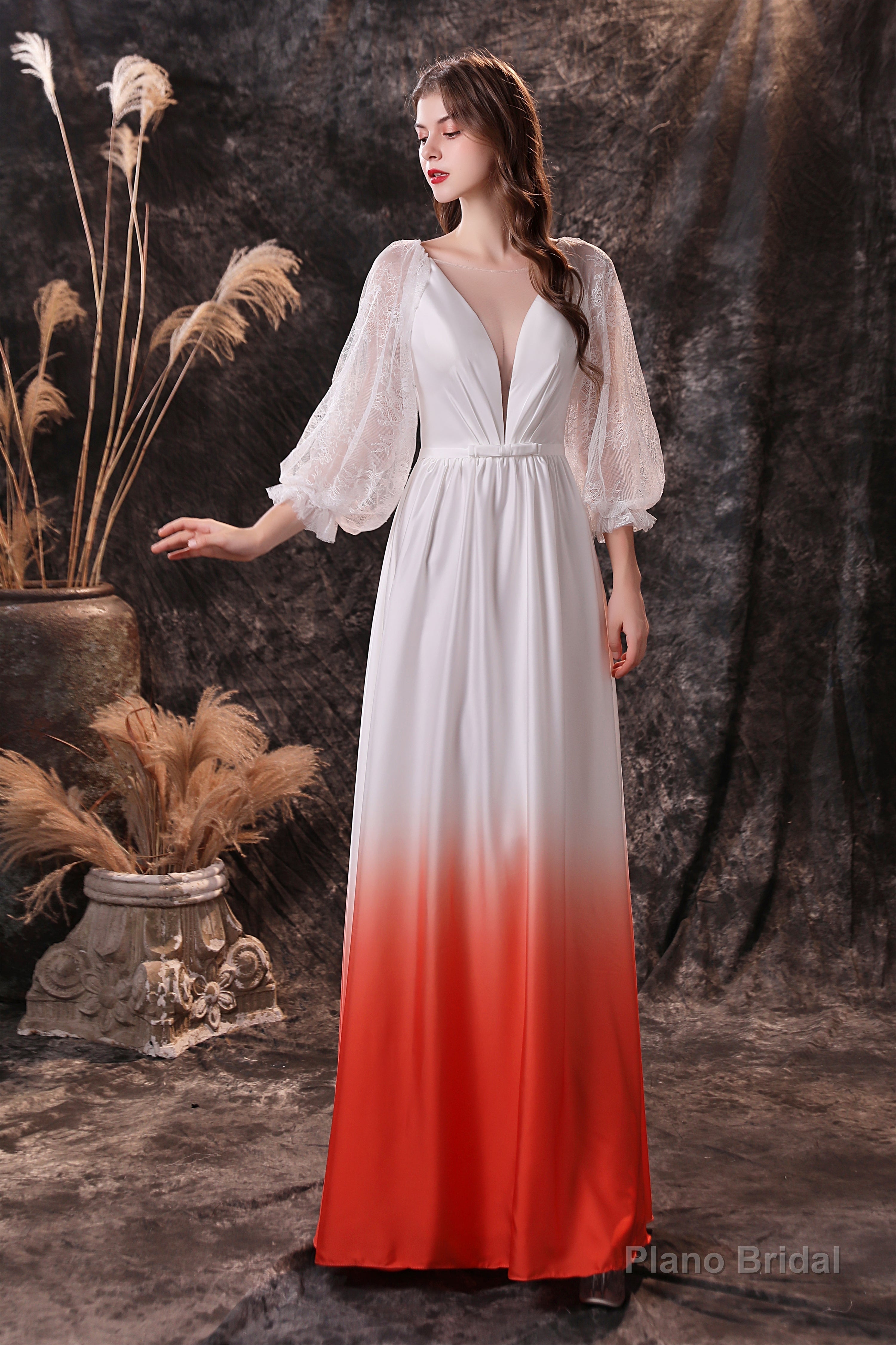 A Line Deep V-Neck Long Sleeve Ombre Silk Like Floor Length Prom Dresses Main image