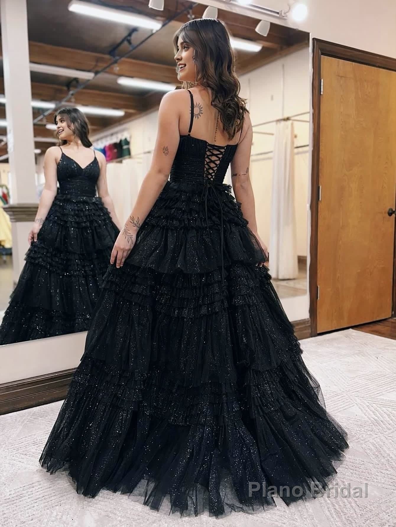 A-Line Deep V Neck Tiered Long Glitter Tulle Prom Dress Secondary image