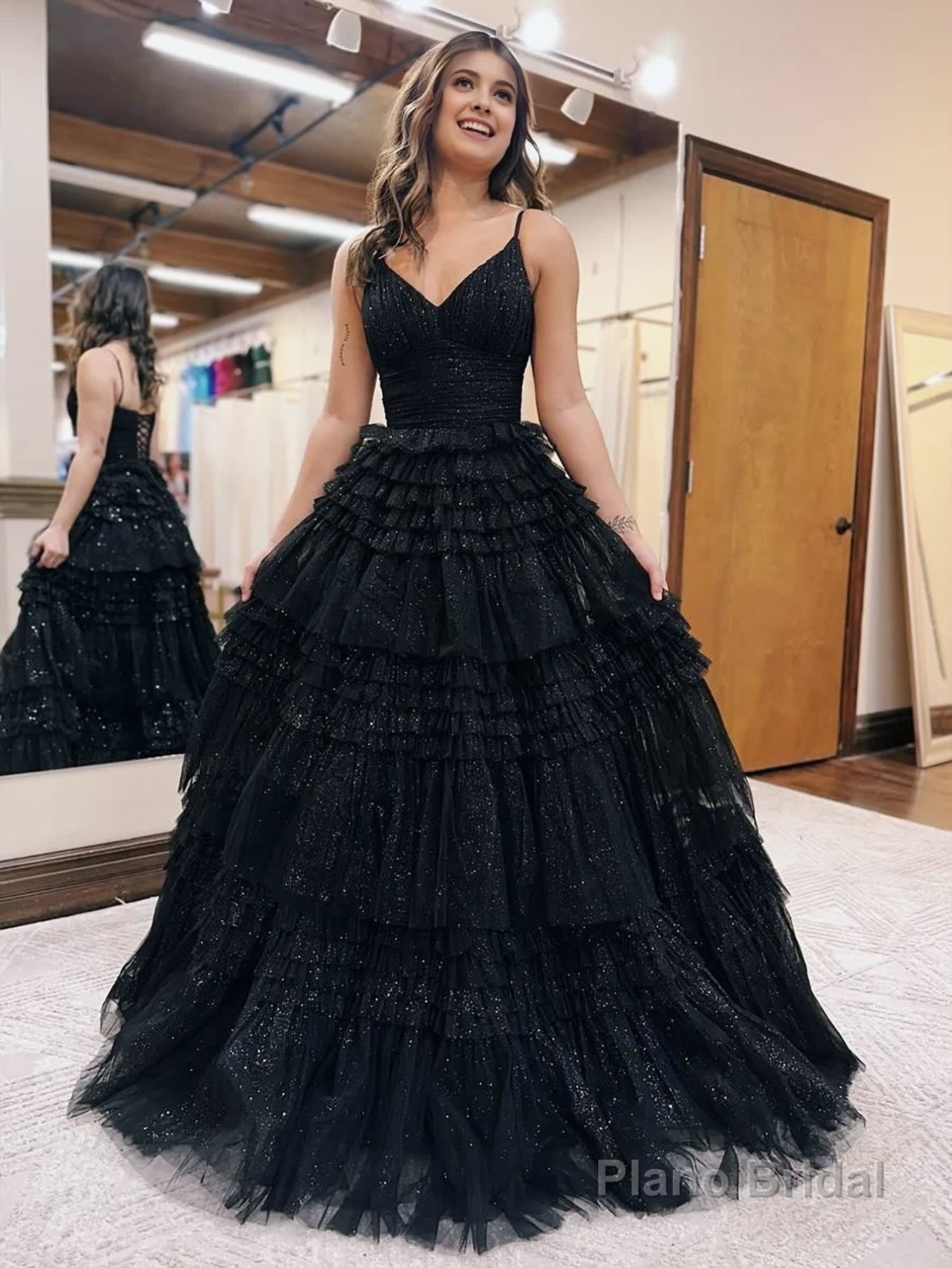 A-Line Deep V Neck Tiered Long Glitter Tulle Prom Dress Main image