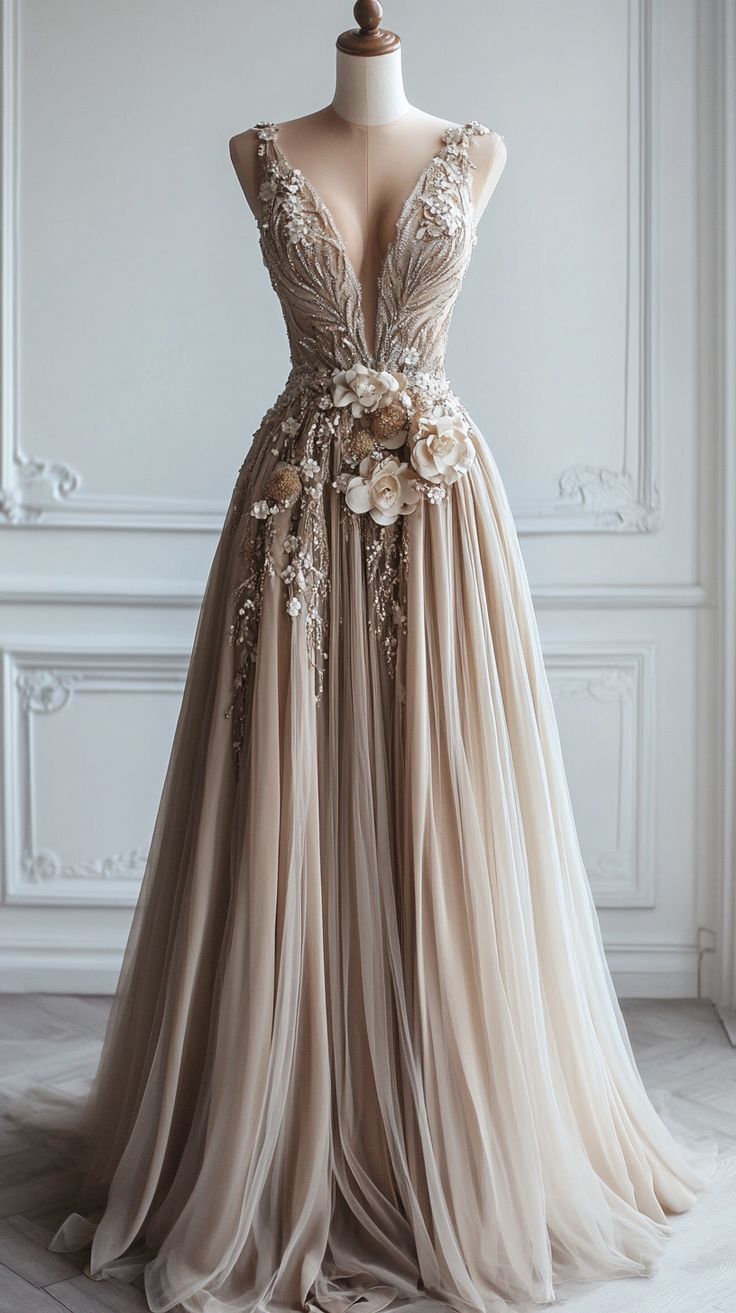 A-Line Deep V Neck Tulle Applique Long Formal Evening Gown Bridesmaid Dresses Main image