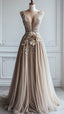 A-Line Deep V Neck Tulle Applique Long Formal Evening Gown Bridesmaid Dresses