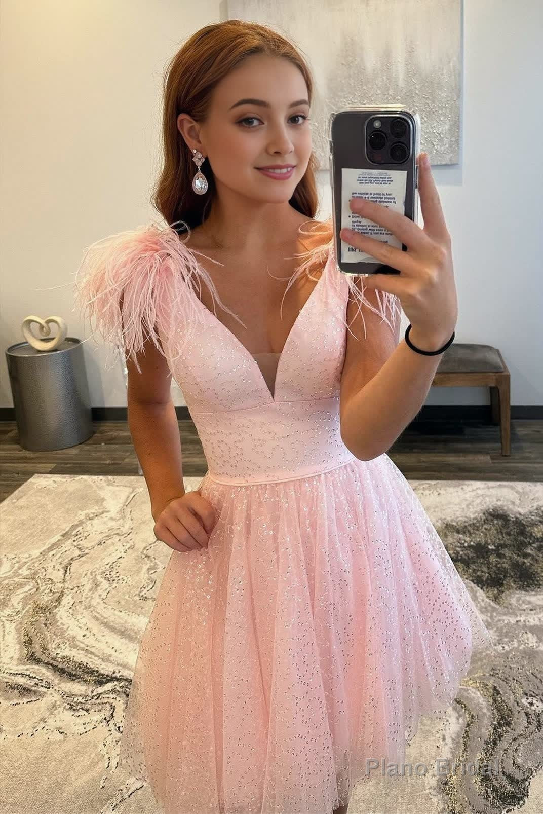 A-line Deep V Neck Tulle Homecoming Dress with Feathers Main image