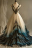 A-Line Deep V Neck Tulle Long Formal Prom Dresses Embroidered Applique Formal Evening Dresses