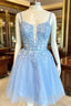 A-line Deep V Neck Tulle Short Homecoming Dresses