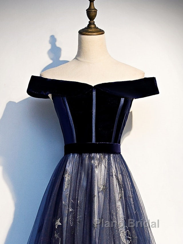 A-Line Elegant Floral Formal Prom Formal Evening Dresses Off Shoulder Short Sleeve Sweep / Brush Train Tulle With Pleats Pattern / Print