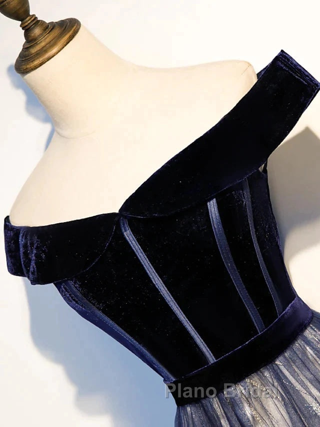 A-Line Elegant Floral Formal Prom Formal Evening Dresses Off Shoulder Short Sleeve Sweep / Brush Train Tulle With Pleats Pattern / Print