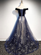 A-Line Elegant Floral Formal Prom Formal Evening Dresses Off Shoulder Short Sleeve Sweep / Brush Train Tulle With Pleats Pattern / Print