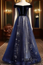 A-Line Elegant Floral Formal Prom Formal Evening Dresses Off Shoulder Short Sleeve Sweep / Brush Train Tulle With Pleats Pattern / Print