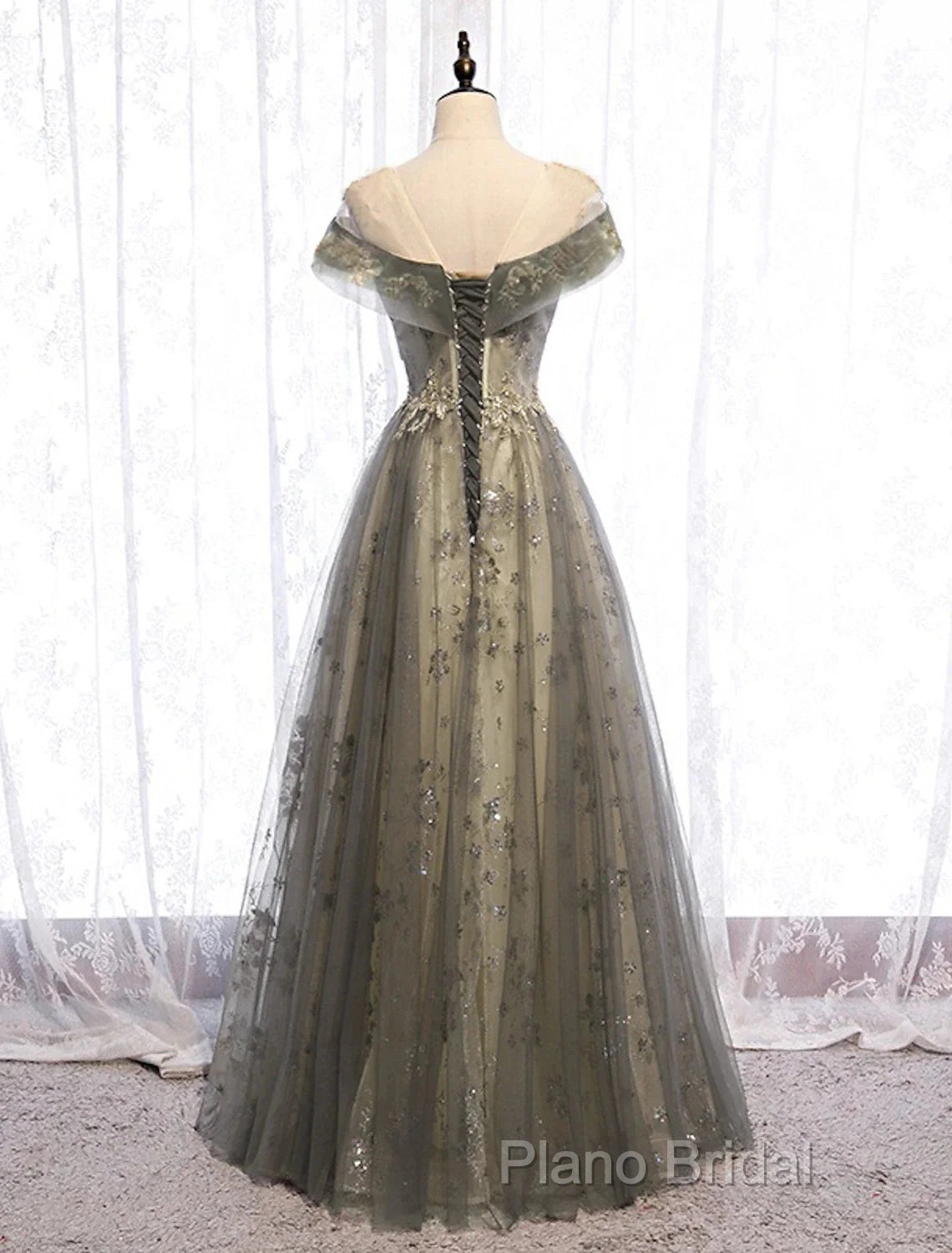A-Line Formal Gown Elegant Dresses Wedding Guest Engagement Floor Length Short Sleeve Illusion Neck Tulle With Pleats Secondary image