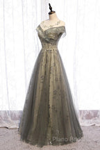 A-Line Formal Gown Elegant Dresses Wedding Guest Engagement Floor Length Short Sleeve Illusion Neck Tulle With Pleats