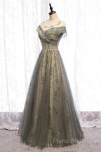 A-Line Formal Gown Elegant Dresses Wedding Guest Engagement Floor Length Short Sleeve Illusion Neck Tulle With Pleats