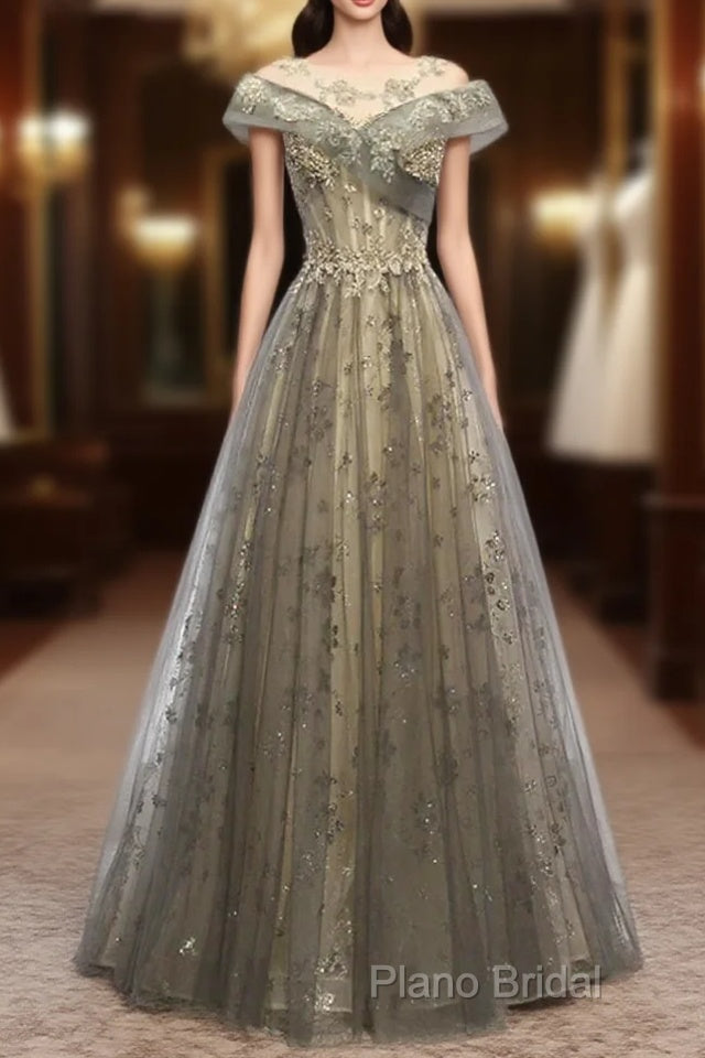 A-Line Formal Gown Elegant Dresses Wedding Guest Engagement Floor Length Short Sleeve Illusion Neck Tulle With Pleats