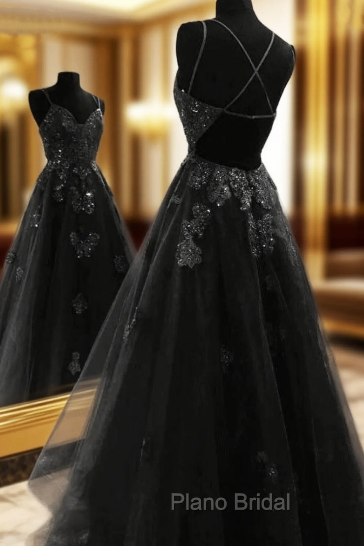 A Line Floor Length Black Tulle Lace Formal Prom Dresses