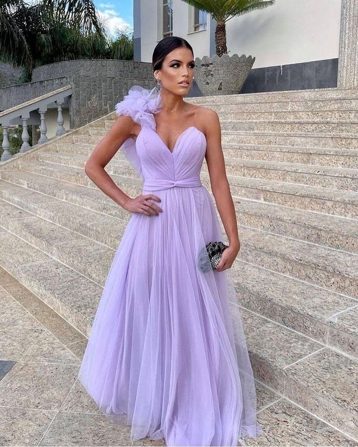 Light Purple A-Line Floor-Length Tulle Long Formal Prom Dresses Formal Evening Gown Bridesmaid Dresses