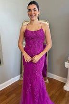 Red Floral Appliques Tulle Mermaid Long Formal Dresses