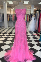 Red Floral Appliques Tulle Mermaid Long Formal Dresses