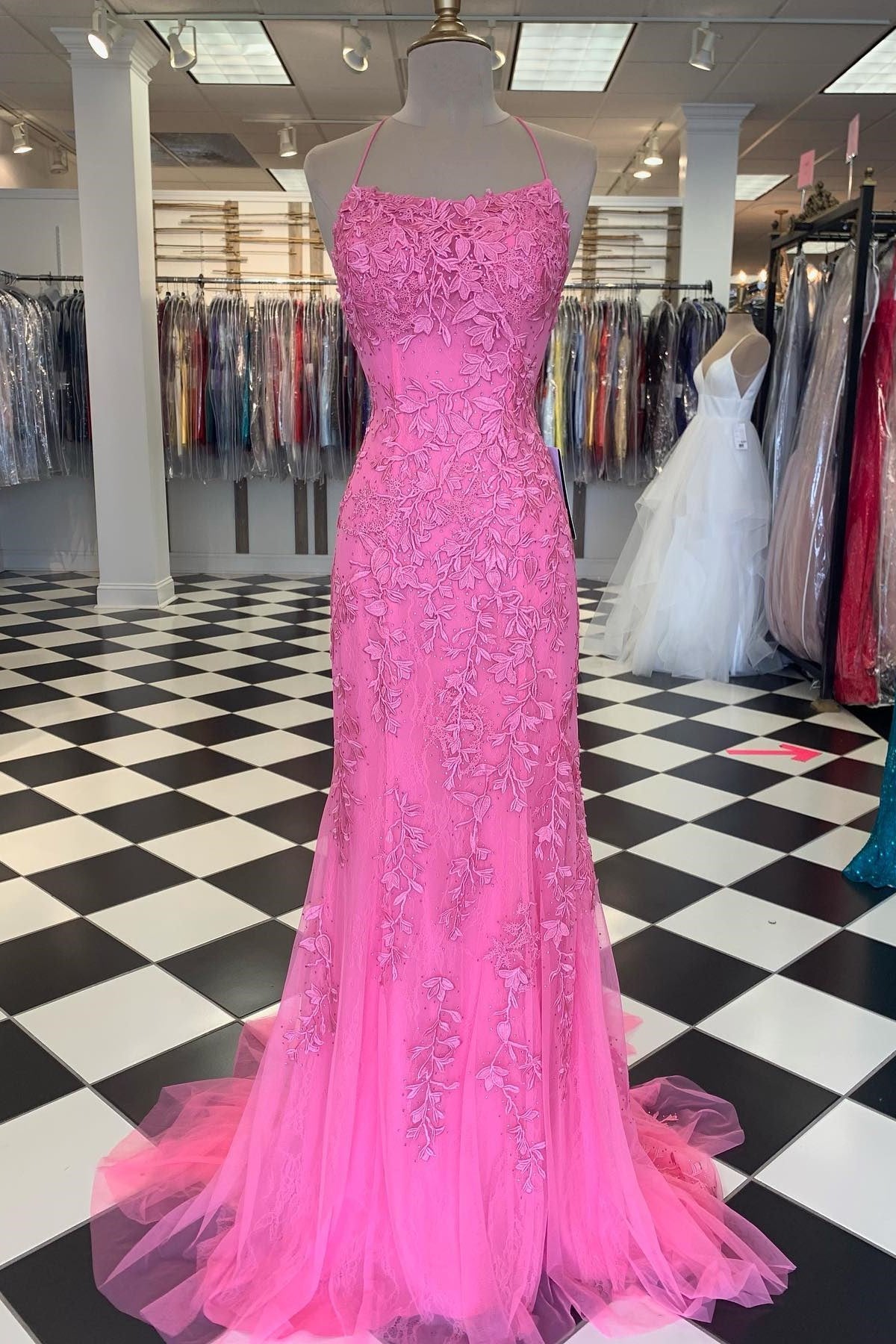 Red Floral Appliques Tulle Mermaid Long Formal Dresses