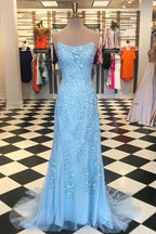Red Floral Appliques Tulle Mermaid Long Formal Dresses