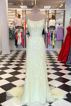 Red Floral Appliques Tulle Mermaid Long Formal Dresses