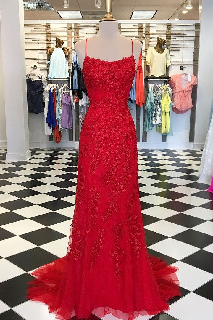 Red Floral Appliques Tulle Mermaid Long Formal Dresses Main image