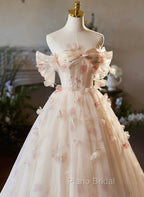 A-line Floral  Champagne Tulle Long Formal Prom Dresses, Elegant A-Line Formal Evening Dresses
