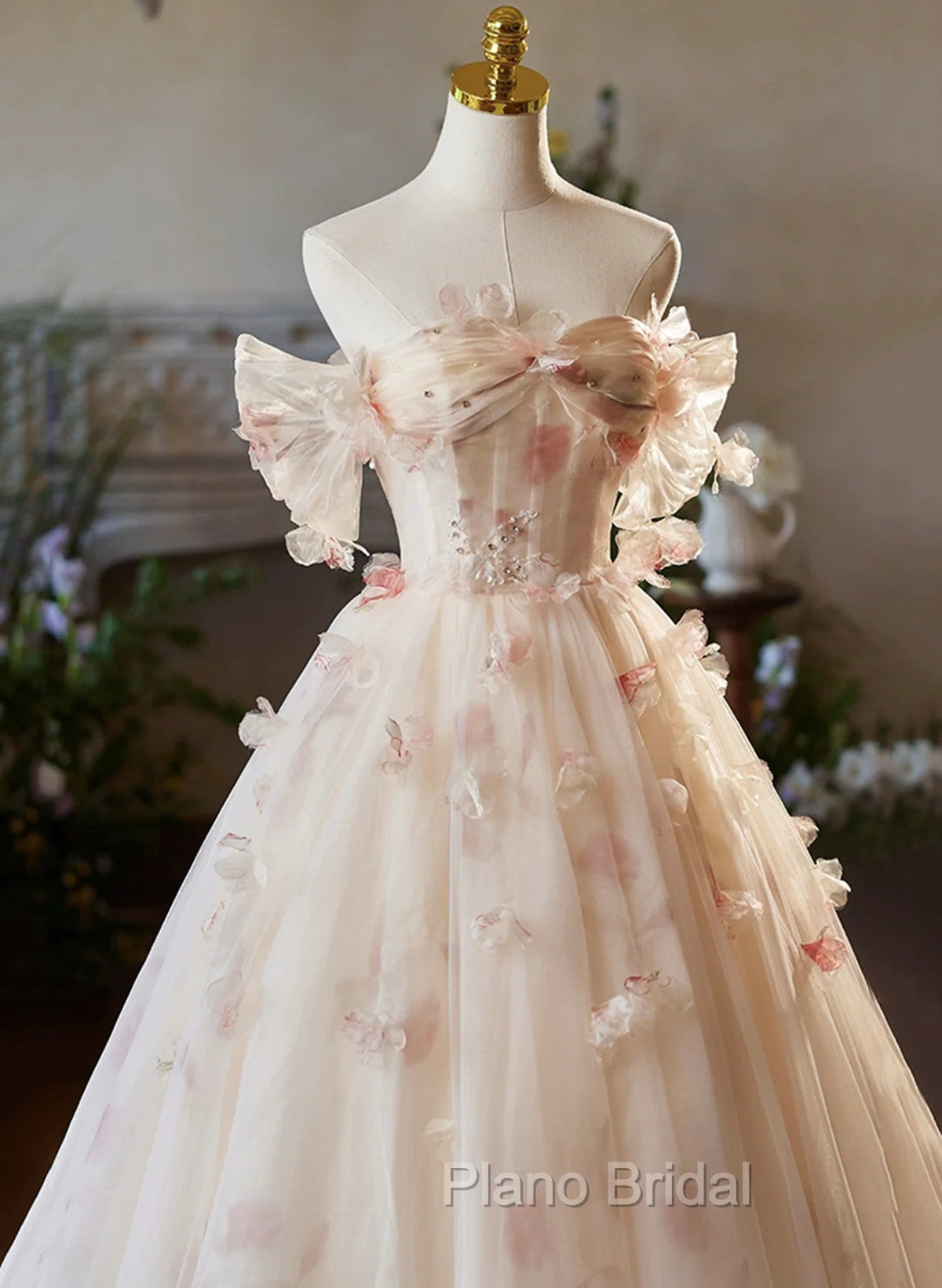 A-line Floral  Champagne Tulle Long Formal Prom Dresses, Elegant A-Line Formal Evening Dresses