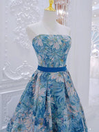 A-Line Flower Satin Blue Long Formal Prom Dresses, Blue Long Formal Dresses