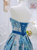 A-Line Flower Satin Blue Long Formal Prom Dresses, Blue Long Formal Dresses