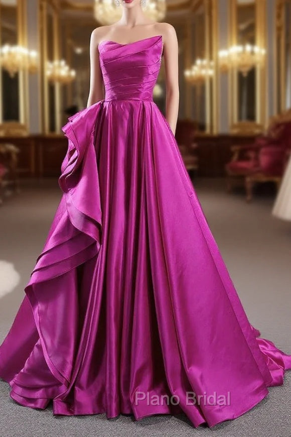 A-line Fuchsia Satin Strapless Pleats Formal Prom Dresses Main image