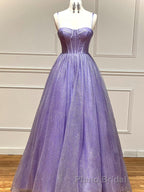 A Line Glitter Tulle Formal Prom Dresses with Pockets