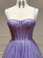 A Line Glitter Tulle Formal Prom Dresses with Pockets