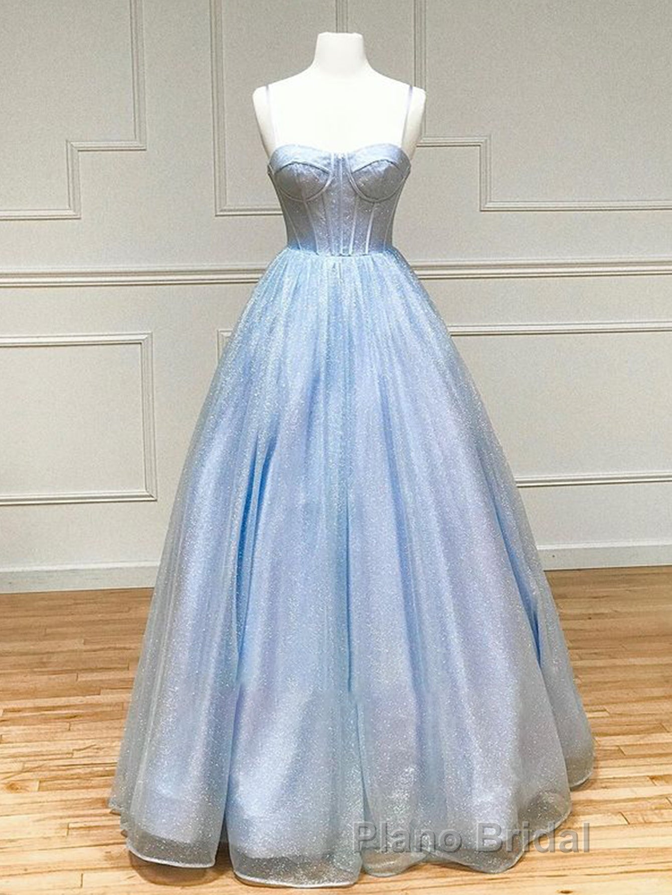 A Line Glitter Tulle Formal Prom Dresses with Pockets