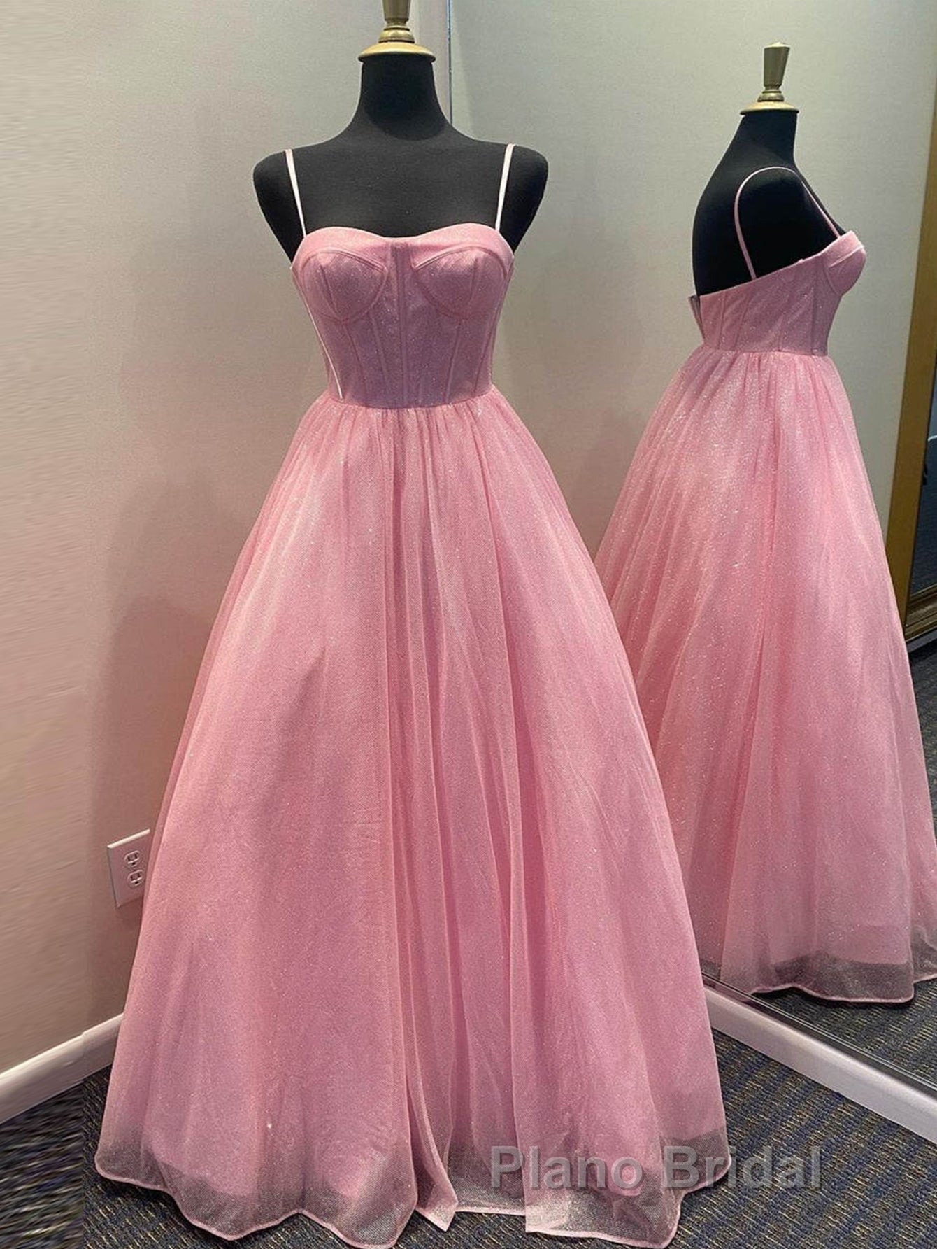 A Line Glitter Tulle Formal Prom Dresses with Pockets