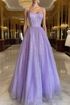 A Line Glitter Tulle Formal Prom Dresses with Pockets