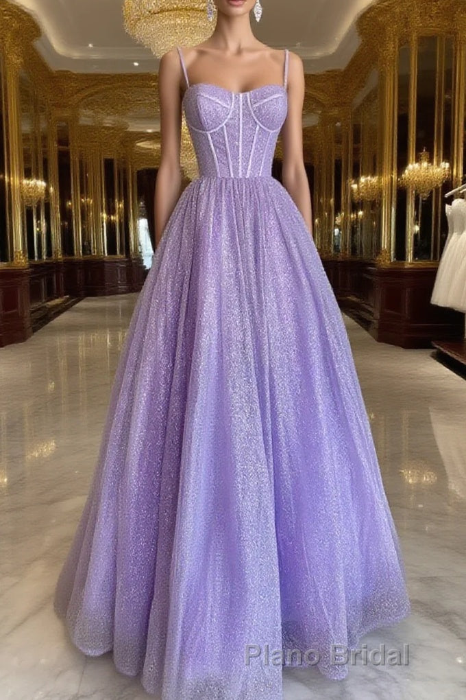 A Line Glitter Tulle Formal Prom Dresses with Pockets Main image