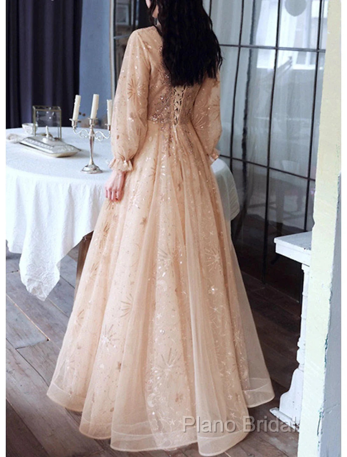 A-Line Glittering Elegant Engagement Formal Dresses High Neck Long Sleeve Floor Length Tulle With Sequin Secondary image