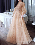 A-Line Glittering Elegant Engagement Formal Dresses High Neck Long Sleeve Floor Length Tulle With Sequin