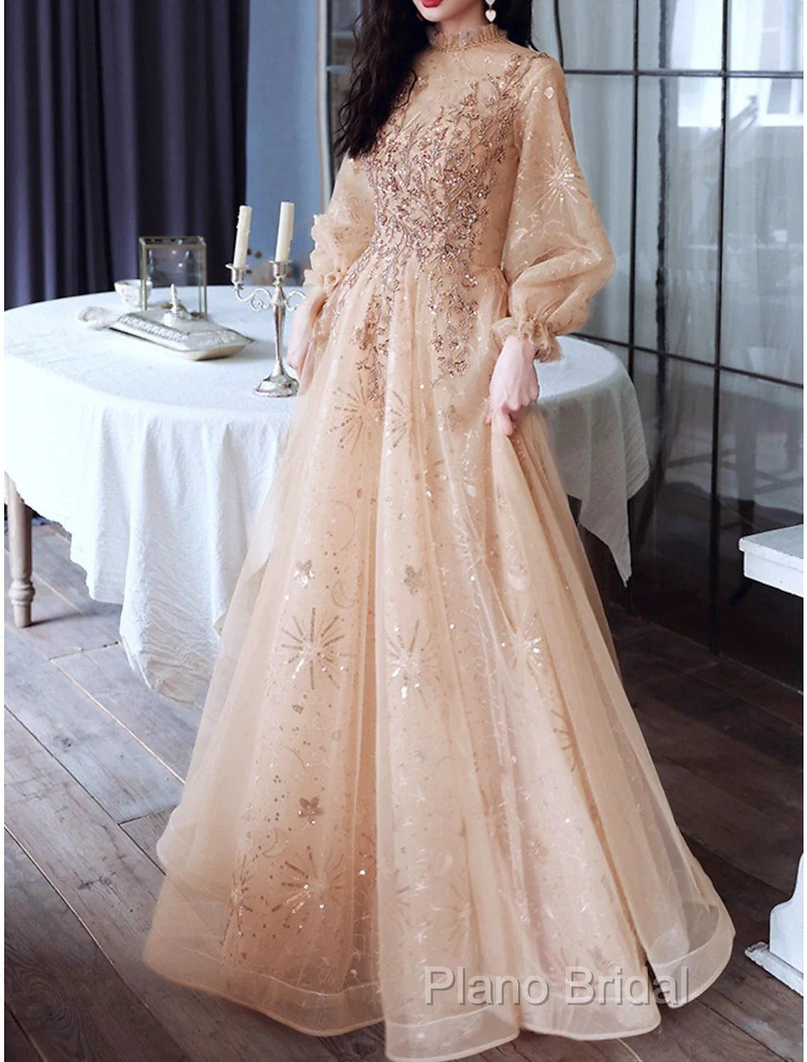 A-Line Glittering Elegant Engagement Formal Dresses High Neck Long Sleeve Floor Length Tulle With Sequin