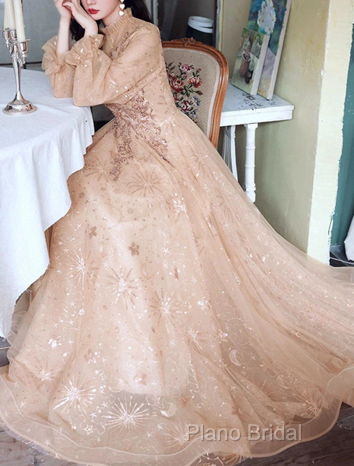 A-Line Glittering Elegant Engagement Formal Dresses High Neck Long Sleeve Floor Length Tulle With Sequin