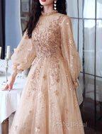 A-Line Glittering Elegant Engagement Formal Dresses High Neck Long Sleeve Floor Length Tulle With Sequin
