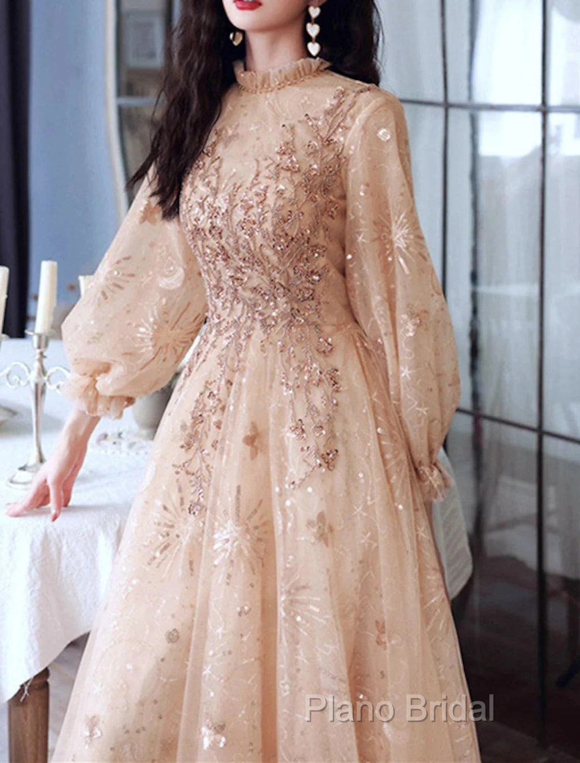 A-Line Glittering Elegant Engagement Formal Dresses High Neck Long Sleeve Floor Length Tulle With Sequin